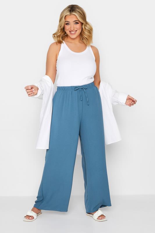 YOURS PETITE Plus Size Blue Crepe Wide Leg Trousers | Yours Clothing 2
