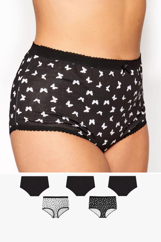 5 PACK Black & White Butterfly Print High Waisted Full Briefs | Yours Clothing 1