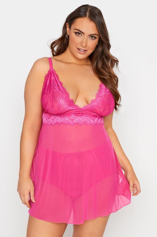  Grande Taille YOURS Curve Hot Pink Boudoir Leaf Lace Babydoll