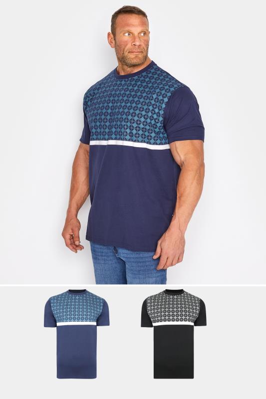 KAM Big & Tall 2 PACK Black & Navy Blue Diamond Print T-Shirts 1