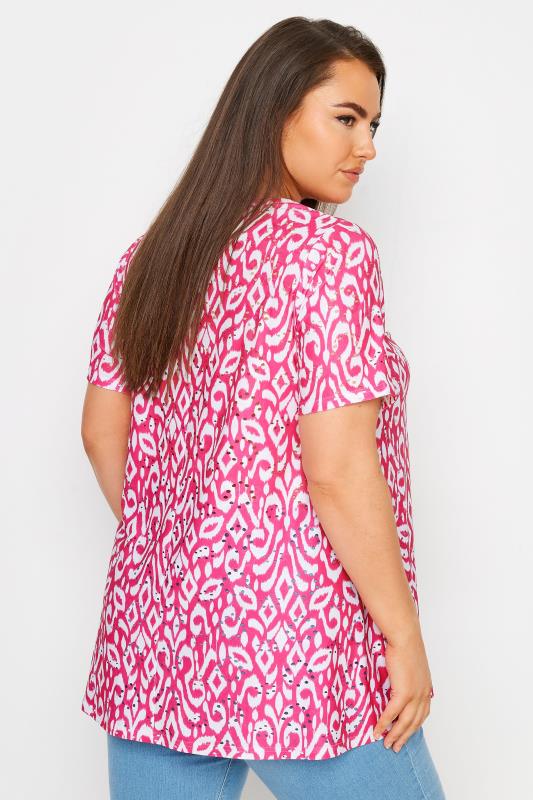 YOURS Plus Size Pink Ikat Print Broderie Anglaise Swing T-Shirt | Yours Clothing 3