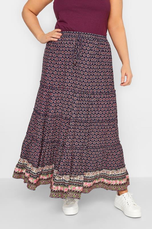  Grande Taille YOURS Curve Navy Blue Paisley Print Gypsy Maxi Skirt