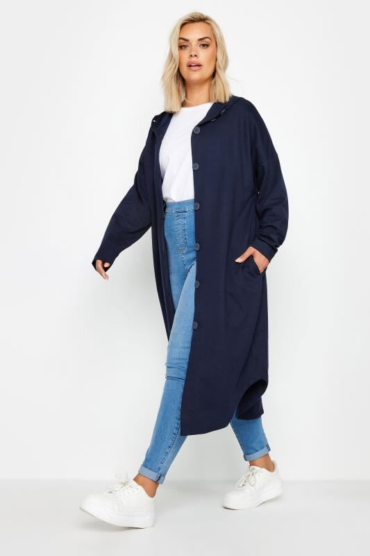  Tallas Grandes YOURS Curve Navy Blue Button Through Hooded Maxi Jacket