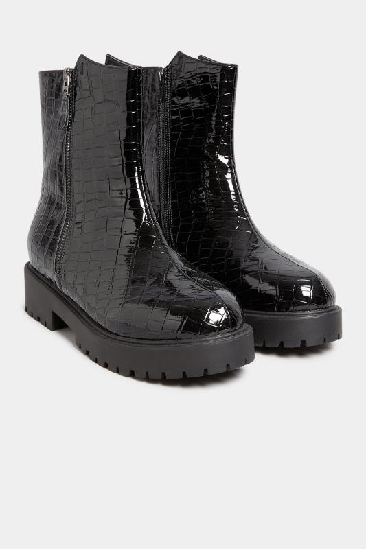 Black Croc Patent Side Zip Boots In Extra Wide EEE Fit | Yours Clothing 2