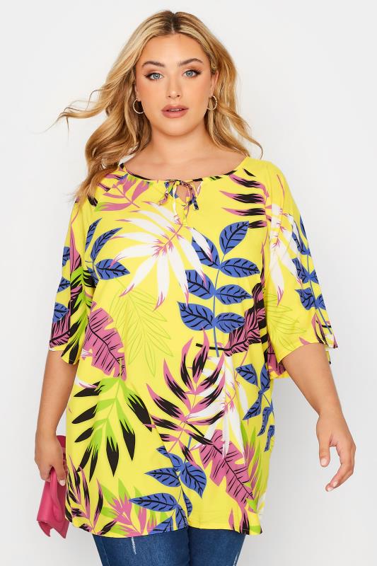 Plus Size  YOURS Curve Yellow Tropical Print Tie Neck Top