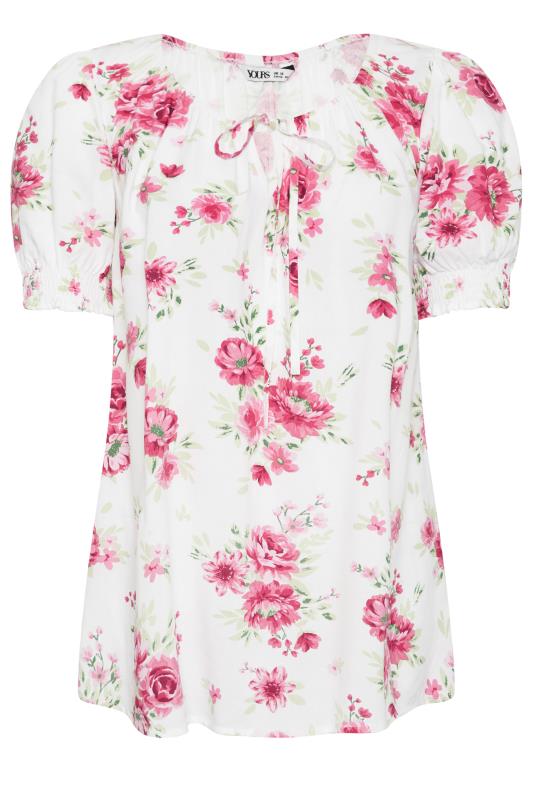 YOURS Plus Size White & Pink Floral Print Tie Neck Top | Yours Clothing 5