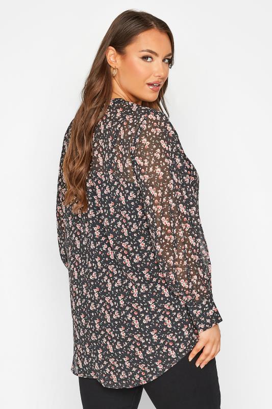 Plus Size Black Ditsy Print Balloon Sleeve Shirt | Yours Clothing 3