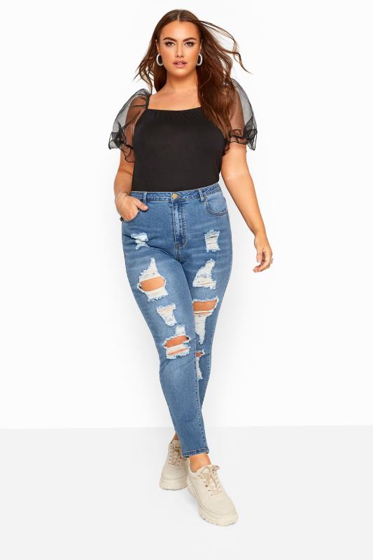 Curve Mid Blue Skinny Ripped AVA Jeans 2