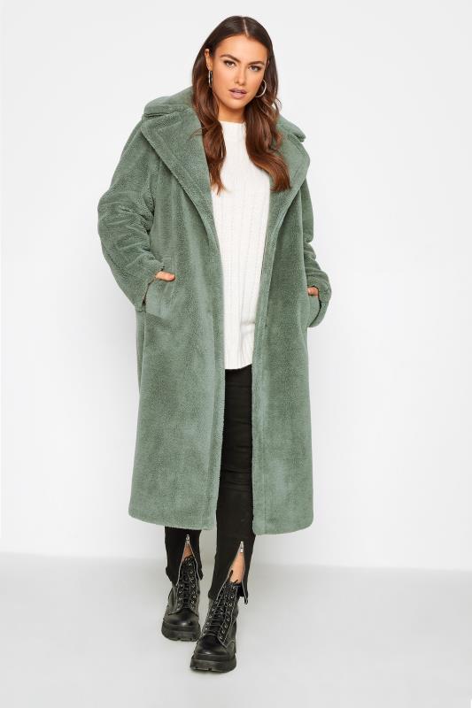 Plus Size Sage Green Teddy Maxi Coat | Yours Clothing 1