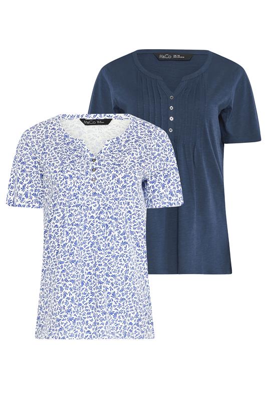 M&Co 2 PACK Navy Blue & White Floral Cotton Henley Tops | M&Co 7