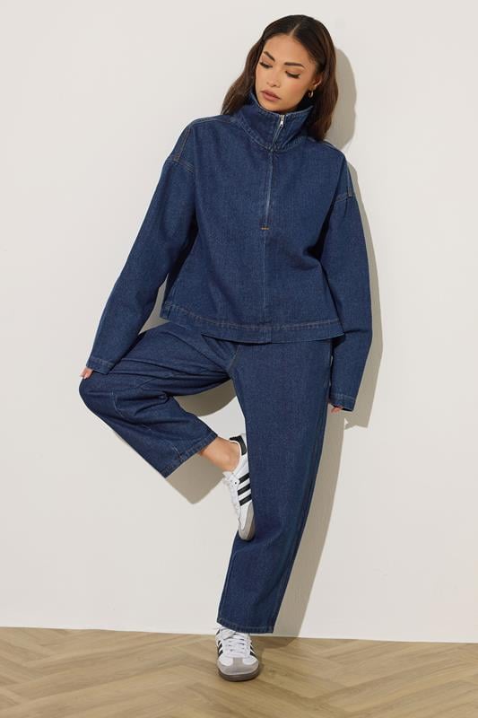 PixieGirl Petite Women's Dark Blue Denim Quarter Zip Cotton Top | PixieGirl 6
