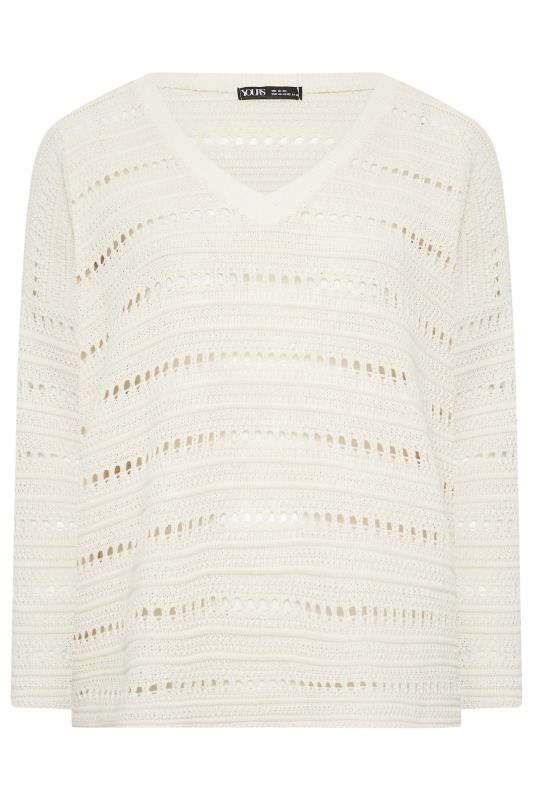 YOURS Curve Plus Size Cream Crochet V-Neck Jumper | Yours Clothing  6