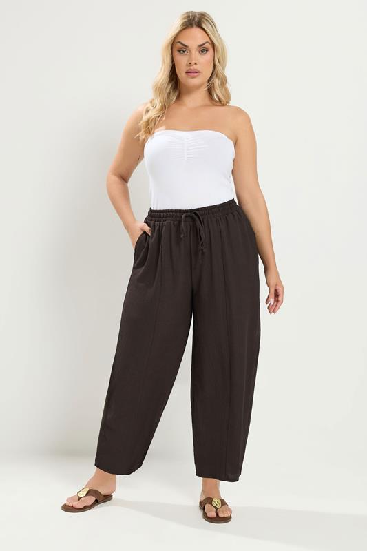  YOURS Curve Chocolate Brown Crinkle Barrel Trousers
