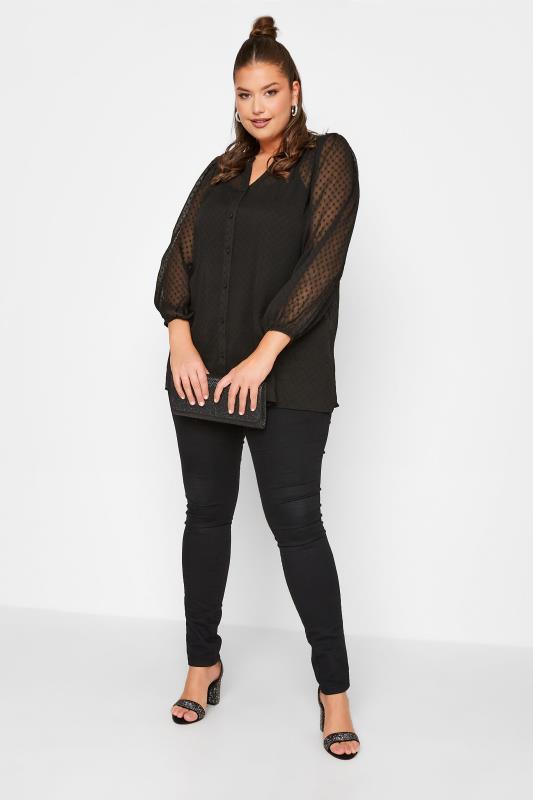 YOURS LONDON Plus Size Black Balloon Sleeve Dobby Blouse | Yours Clothing 2
