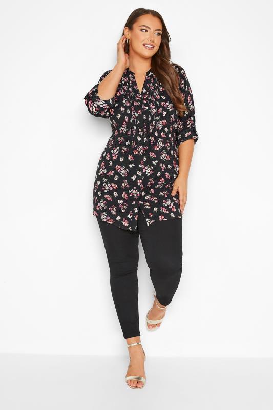 Plus Size Black Floral Print Pintuck Shirt | Yours Clothing 2