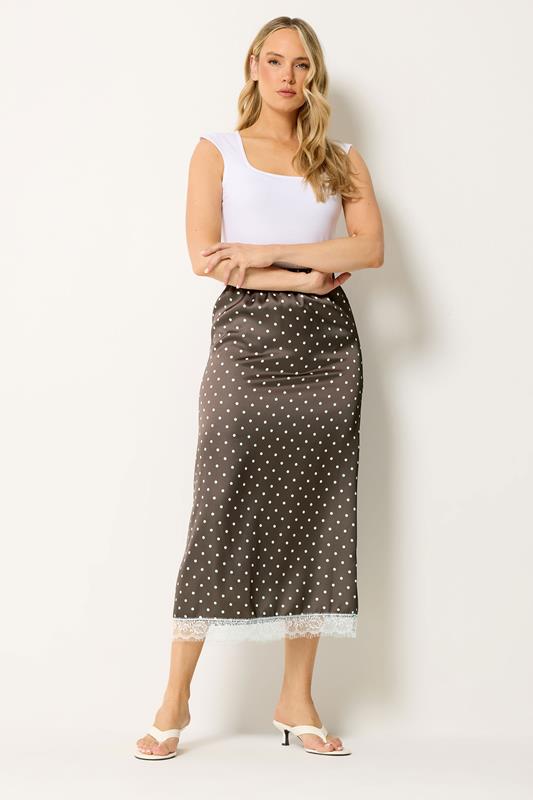 LTS Tall falda larga de encaje con lunares marrón chocolate 