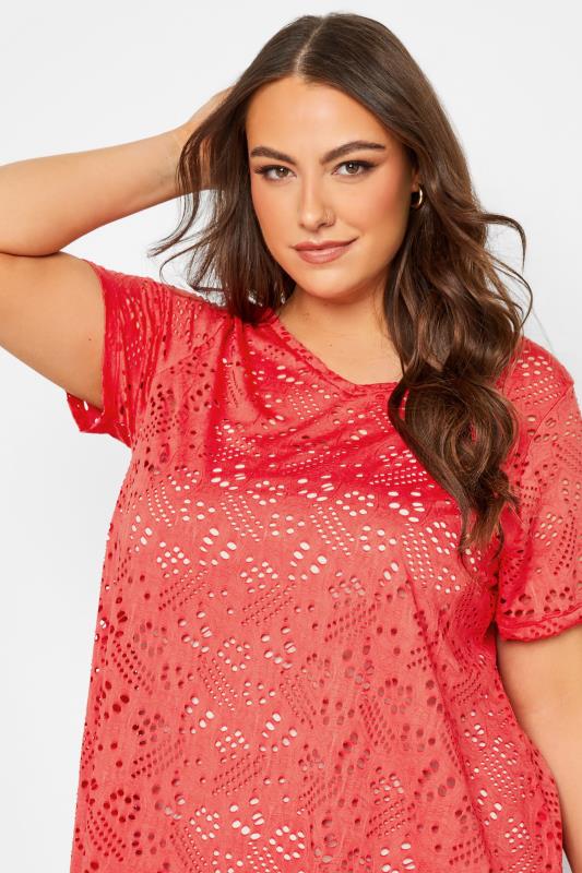 YOURS Curve Plus Size Red Broderie Anglaise Swing V-Neck T-Shirt | Yours Clothing  4