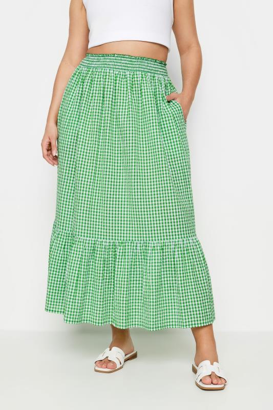 YOURS Plus Size Green Gingham Tiered Pure Cotton Midi Skirt