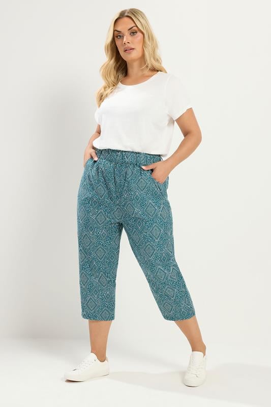 YOURS Plus Size Green Paisley Cropped Trousers | Yours Clothing 1