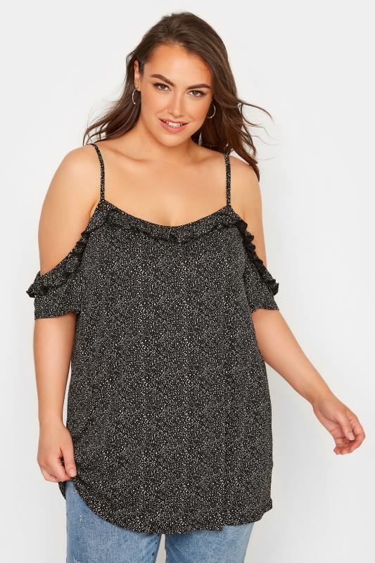 Plus Size Black Spot Print Frill Cold Shoulder Top | Yours Clothing  1