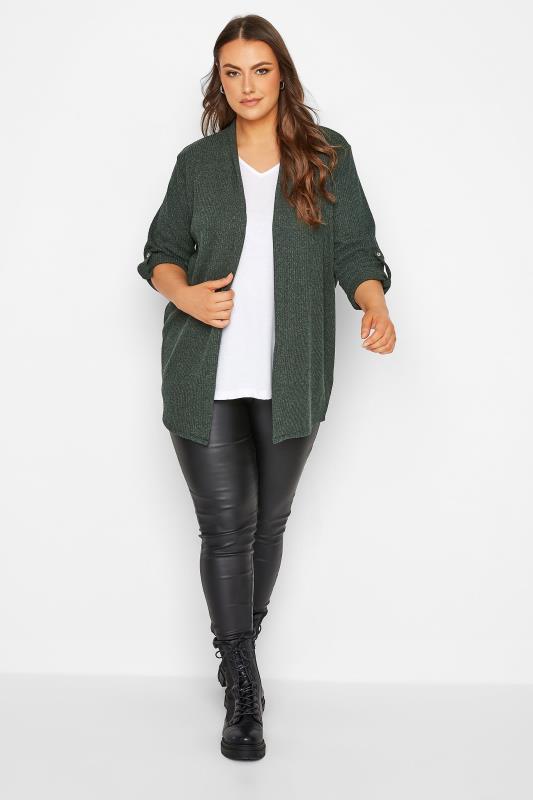 Plus Size Forest Green Ribbed Roll Tab Cardigan | Yours Clothing 2