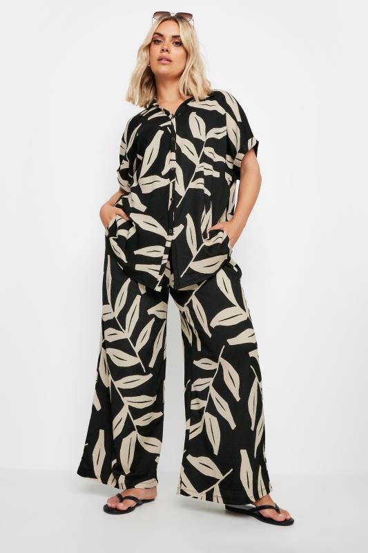 Plus Size  YOURS Curve Black Leaf Print Crinkle Trousers