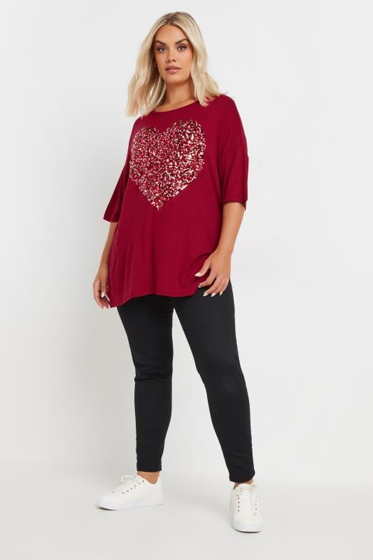 YOURS Plus Size Red Heart Sequin Embellished T-Shirt | Yours Clothing  2