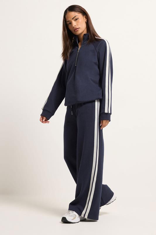 PixieGirl Petite Women's Set Navy Blue Stripe Cotton Sweatshirt & Wide Leg Joggers | PixieGirl 1