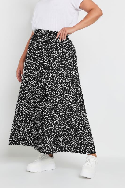  YOURS Curve Black Ditsy Floral Tiered Midaxi Skirt
