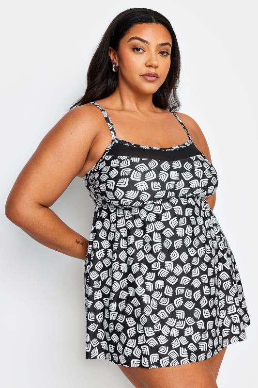 YOURS Plus Size Black Abstract Print Tummy Control Swimdress | Yours Clothing 1