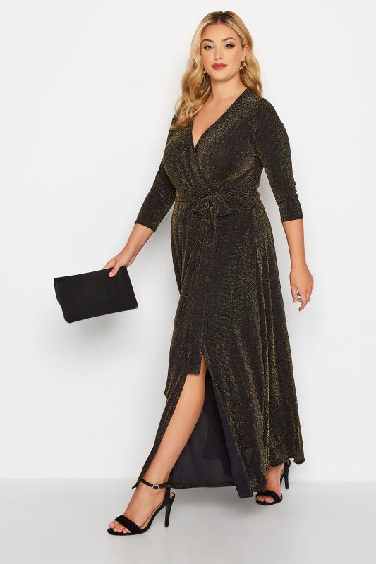 YOURS LONDON Curve Black & Gold Glitter Maxi Wrap Dress | Yours Clothing 2