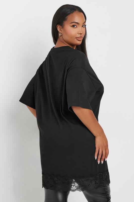 YOURS Plus Size Black Lace Hem Oversized T-Shirt Dress | Yours Clothing 3