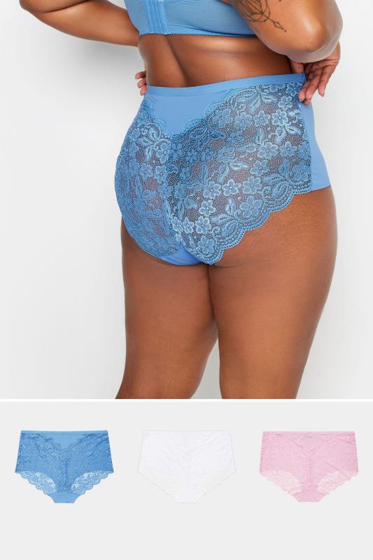 Plus Size  YOURS Curve 3 PACK Blue & Pink Lace High Waisted Full Briefs
