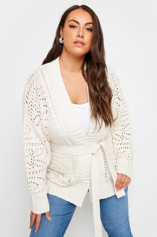 Plus Size  YOURS Curve Ivory White Pointelle Belted Cardigan