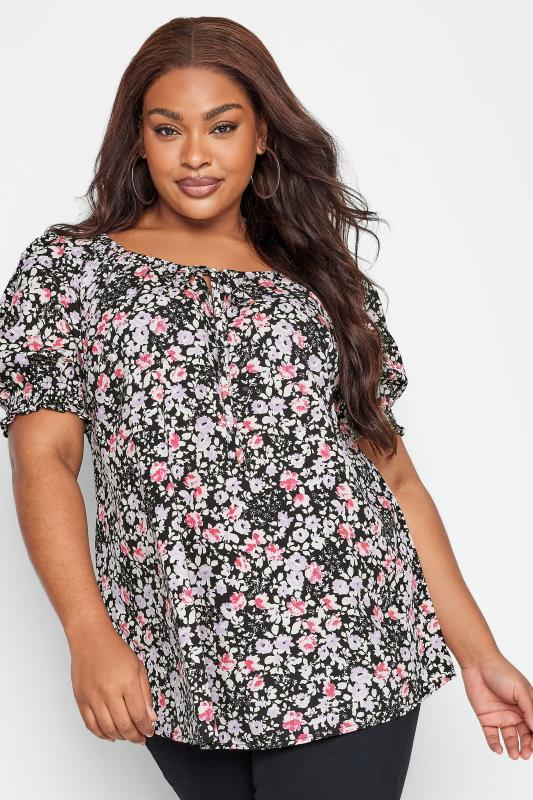 Plus Size  YOURS Curve Black & Pink Floral Print Gypsy Top