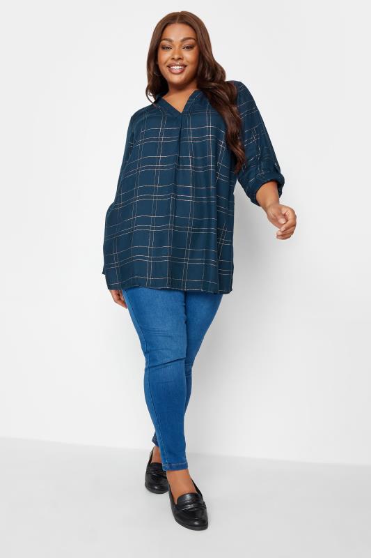 YOURS Curve Plus Size Navy Blue & Gold Check Print Shirt | Yours Clothing  2