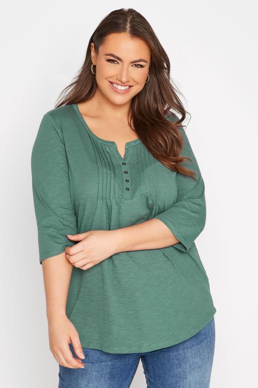 YOURS FOR GOOD Curve Sage Green Pintuck Henley Top 1