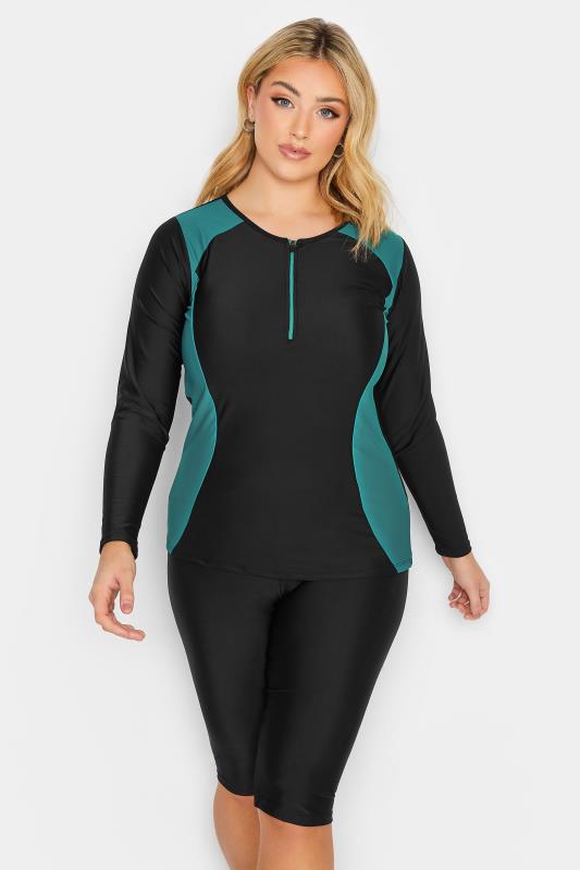 YOURS Plus Size Curve Blue Zip Front Long Sleeve Swim Top | Yours Clothing 2