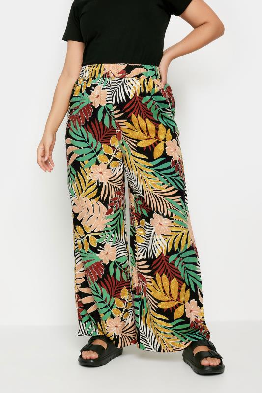 YOURS Plus Size Black Tropical Print Wide Leg Trousers | Yours Clothing 2