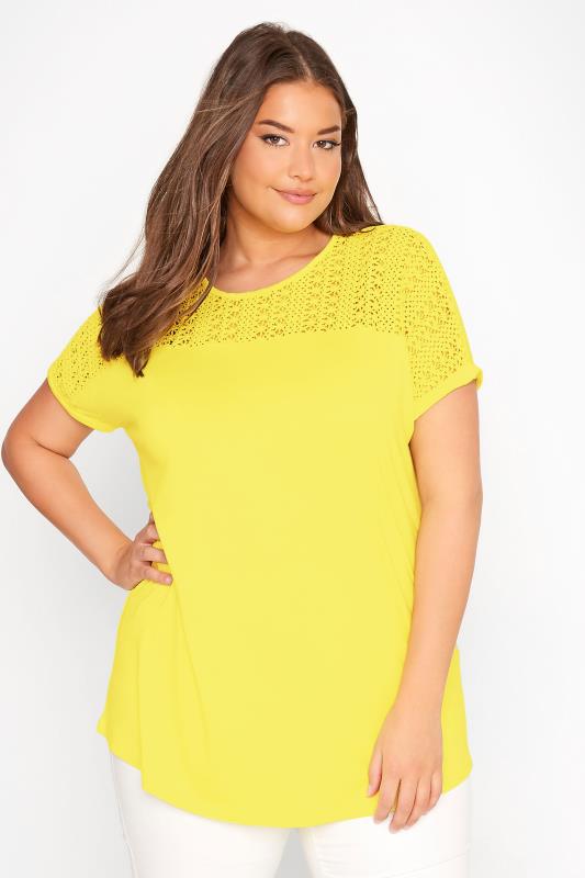 Plus Size  Curve Yellow Lace Detail T-Shirt
