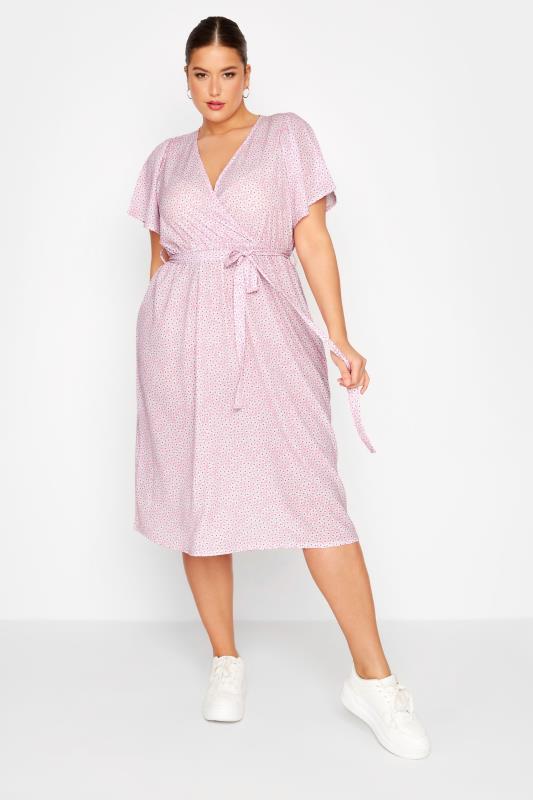 LIMITED COLLECTION Plus Size Pink Ditsy Floral Print Wrap Dress | Yours Clothing 1