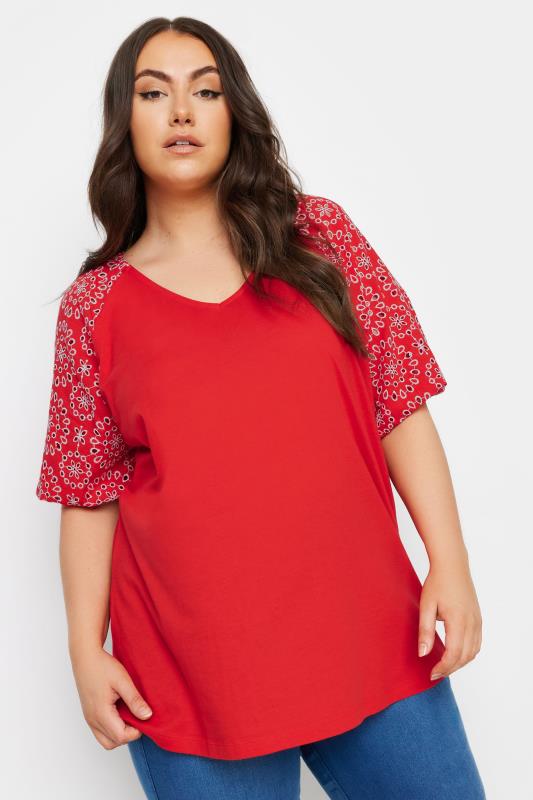 YOURS Plus Size Red Broderie Anglaise Sleeve T-Shirt | Yours Clothing 1
