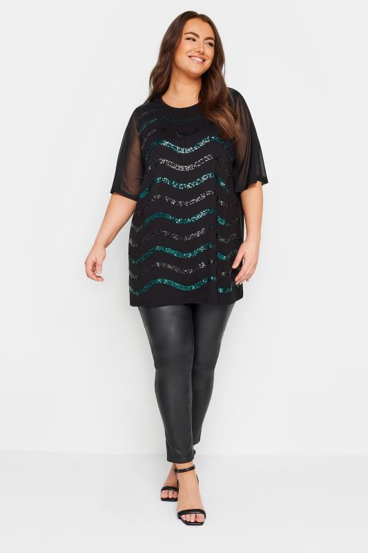 YOURS Plus Size Black & Blue Sequin Embellished Mesh Sleeve Top | Yours Clothing 2