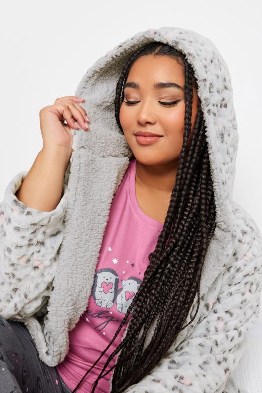 Yours Plus Size Light Grey Animal Print Hooded Dressing Gown | Yours Clothing 5