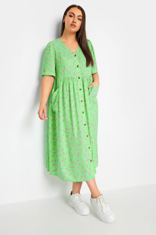 YOURS Curve Green Floral Print Smock Midaxi Dress | Yours Clothing 1