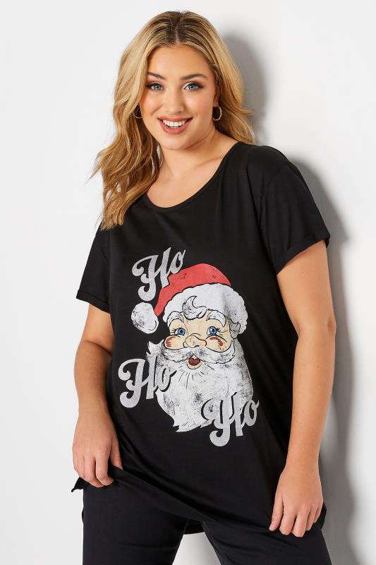 Plus Size Black 'Ho Ho Ho' Glitter Slogan Christmas T-Shirt | Yours Clothing 1