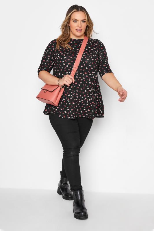 Plus Size Black Ditsy Envelope Neck Swing Top | Yours Clothing 2