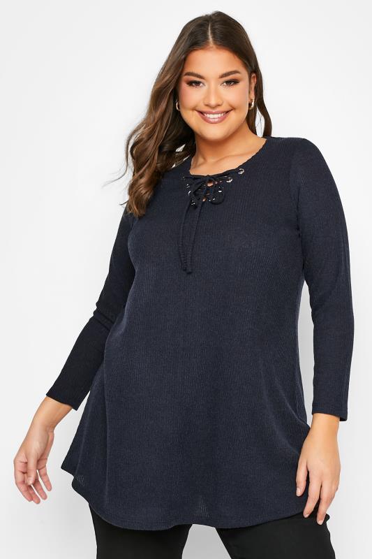 Plus Size Navy Blue Ribbed Lace Up Swing Top | Yours Clothing  1