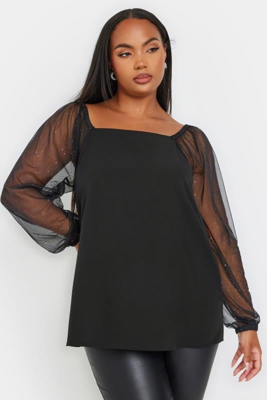 Plus Size  YOURS Curve Black Mesh Glitter Sleeve Top