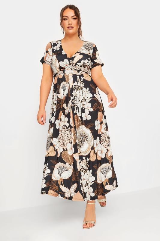 YOURS Curve Black Neutral Floral Print Wrap Front Midaxi Dress | Yours Clothing 2
